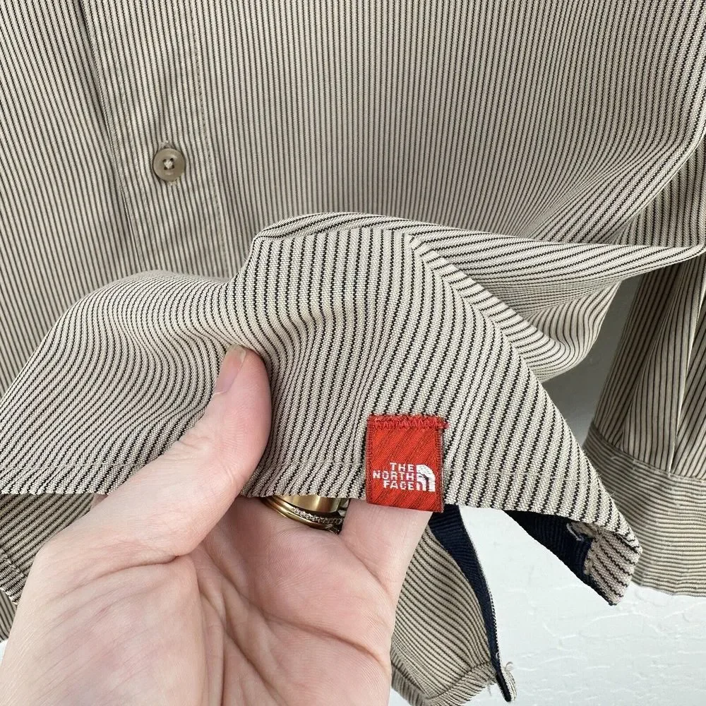 The North Face Shirt Mens XL ACCX Hiking Brown STRIPE Roll Tab Sleeve Zip Pocket